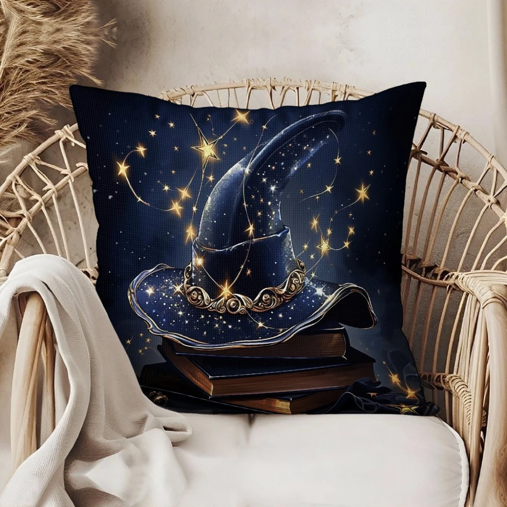 Square Throw Pillow Case Navy Blue Magic Wizard Hat With Stars And Books Print For Living Room Bedroom Sofa Home Decor