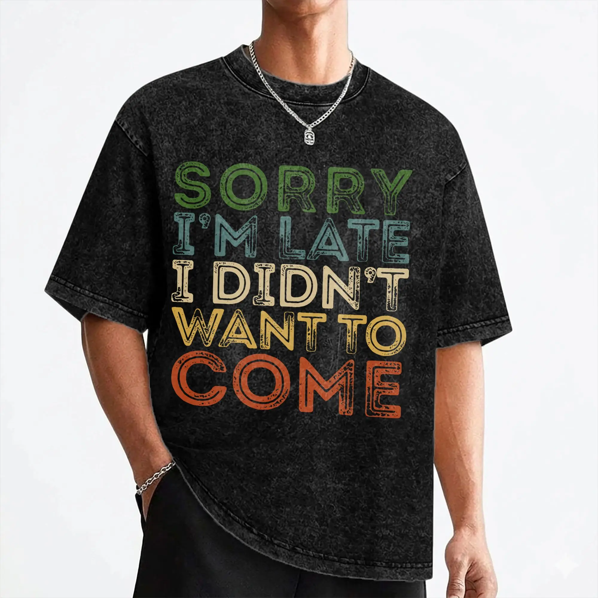Washed T Shirt SORRY I'M LATE VINTAGE Funny Introvert Hip Hop T-Shirt Harajuku Streetwear Short Sleeve Summer Tops Tee Shirt Men