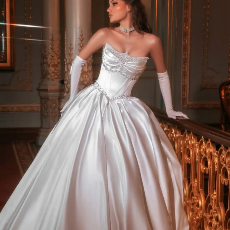 

Satin White Appliques Wedding Dresses off-shoulder A skirt crystal decal Long tail Bridal Gowns Made Customized