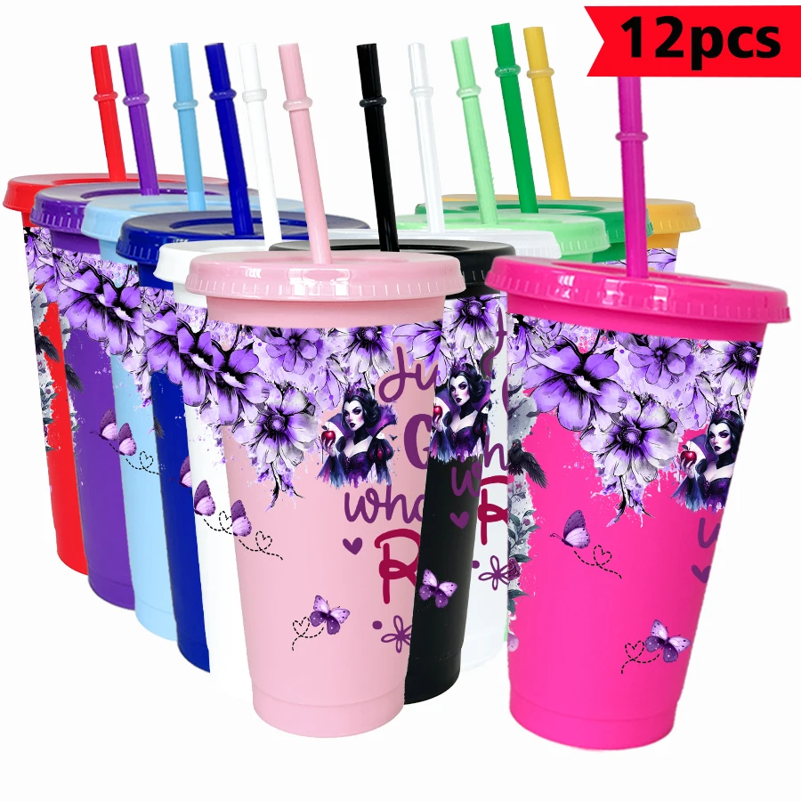 

12pcs/pack Disney Evil Queen Purple Flower 26oz Multicolor Plastic Water Cup Party Drinkware Birthday/Back to School Gift