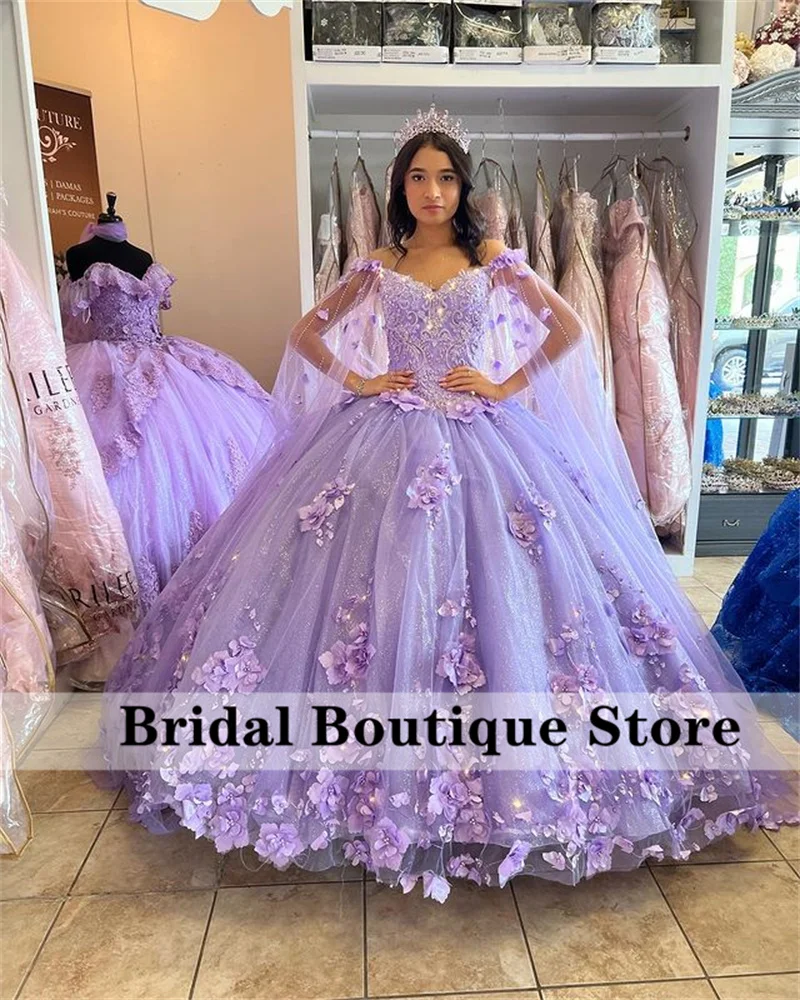 

Lavender Flowers Princess Quinceanera Dresses 2022 With Detached Cape Beads Crystal Sweet 16 Dress Vestido De 15 Años Lace-Up