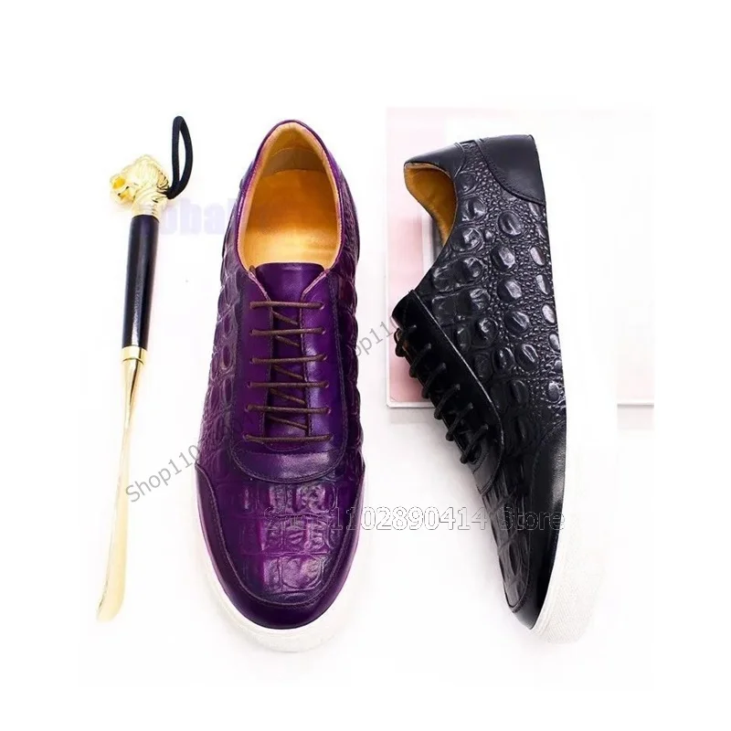 Purple Black Alligator Print White Sole Men Sneakers Fashion Lace Up Men Shoes Luxurious Handmade Party Office Men Casual Shoes