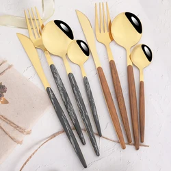 24Pcs Black Gold Cutlery Set Imitation Wood Handle Dinnerware Set Stainless Steel Knife Forks Spoon Tableware Kitchen Silverware