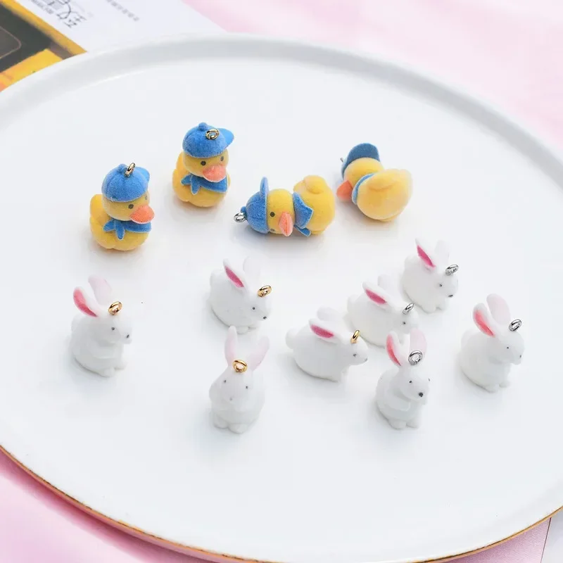10Pcs/Lot Originality Flocking Little Yellow Duck White Rabbit DIY Pendant Earring Keychains Bags Pendant Festival Gift Trinkets