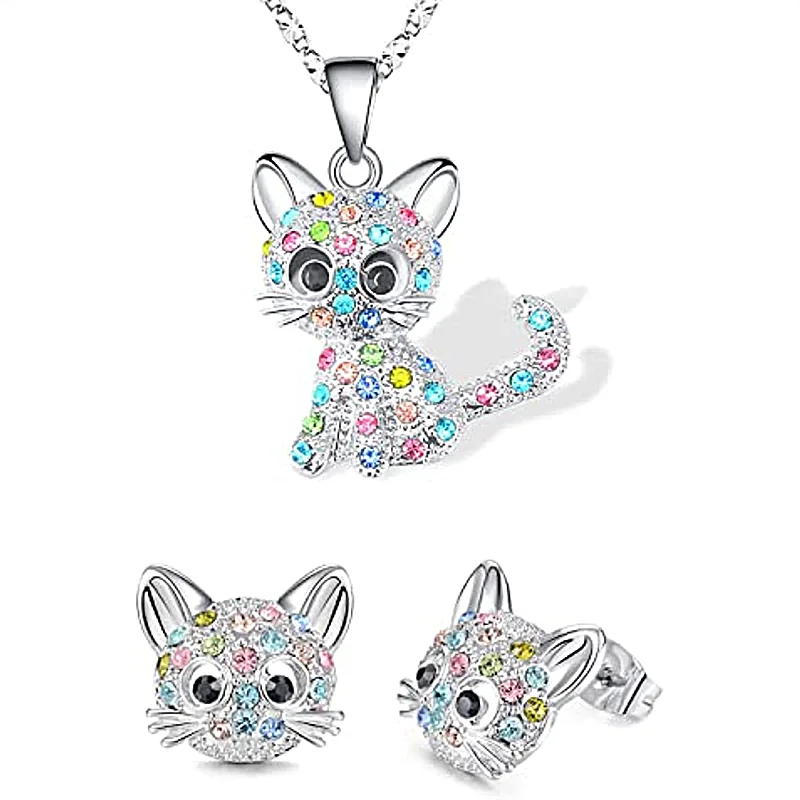 Colorful Rhinestone Decor Kitty Pendant Necklace Earring Set Elegant and Fashionable Jewelry Accessories for Womenniche Style,