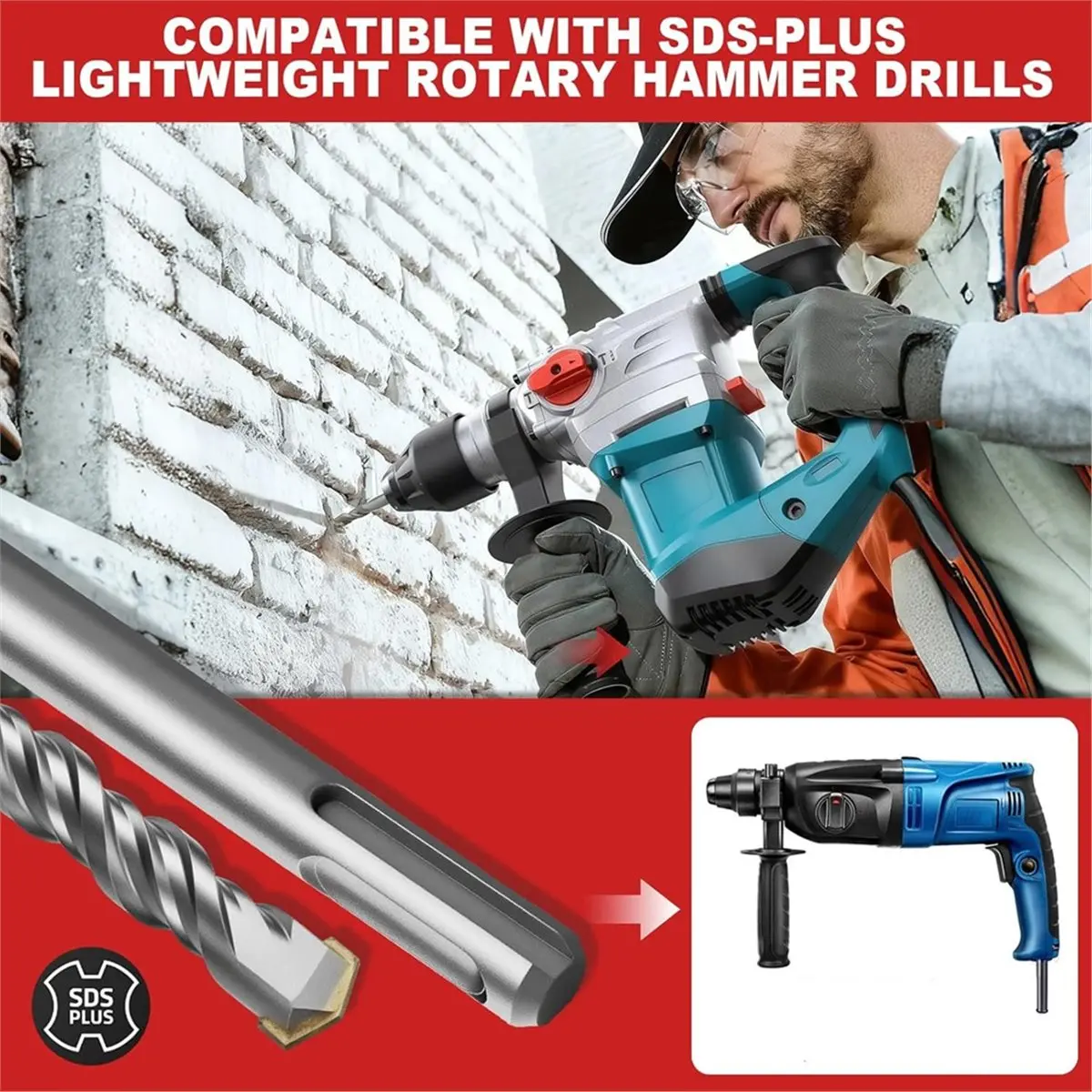 13Pcs SDS Plus Rotary Hammer Drill Bits and Chisel Set, Carbide Tipped Rotary Hammer Drill Bits Concrete Drill Bit