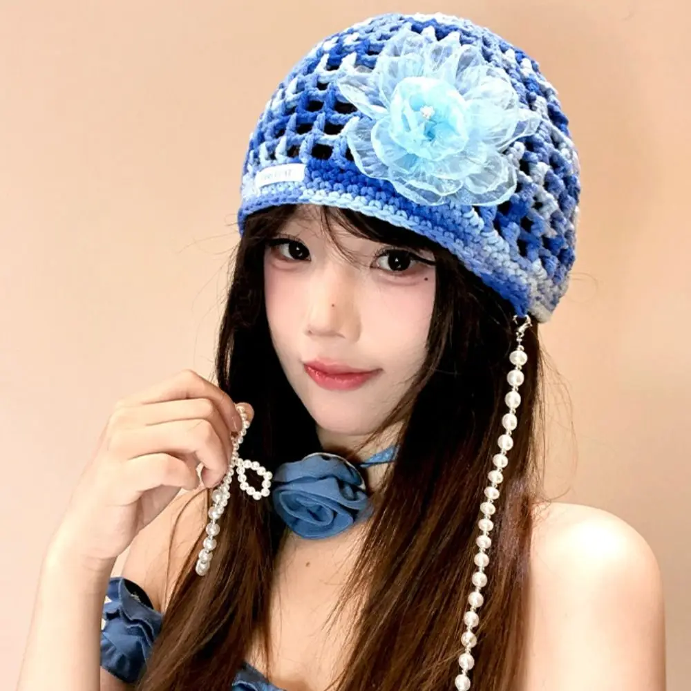 Богемный стиль, вязаная крючком шапка с кисточками, шляпа дофамина, пуловер с полым цветком, плетение, шапка-бини ручной работы с бантом и жемчугом