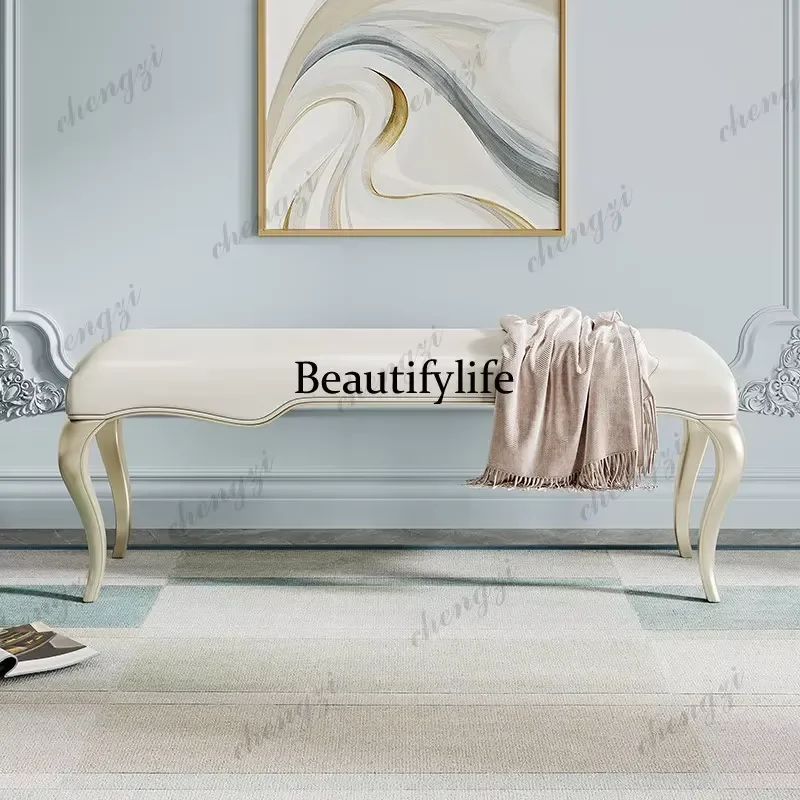 for American Light Luxury Bedside Stool Solid Wood First Layer Cowhide Bench Living Room Cloakroom Shoe Changing Stool