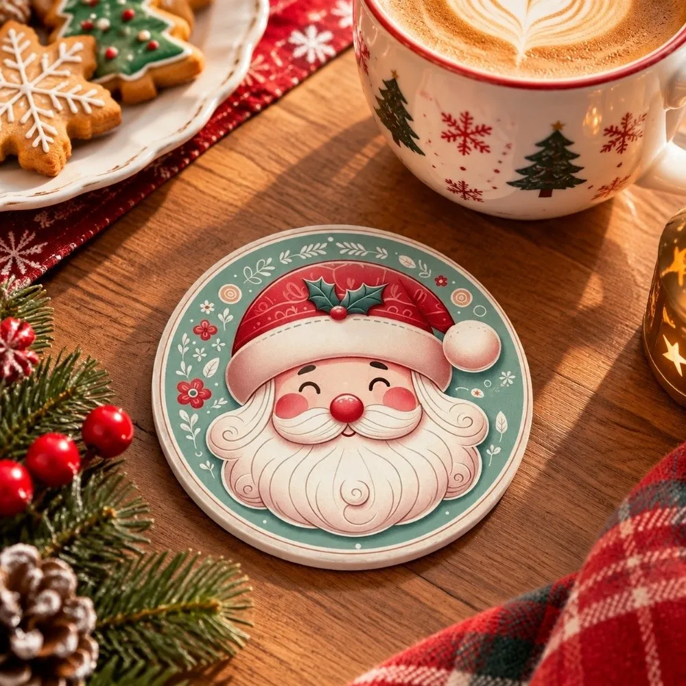 Non-Slip Christmas Santa Coasters Heat-Resistant Reindeer Coffee Cup Mat Wooden 2D Printed Snowman Ceramics Christmas Party