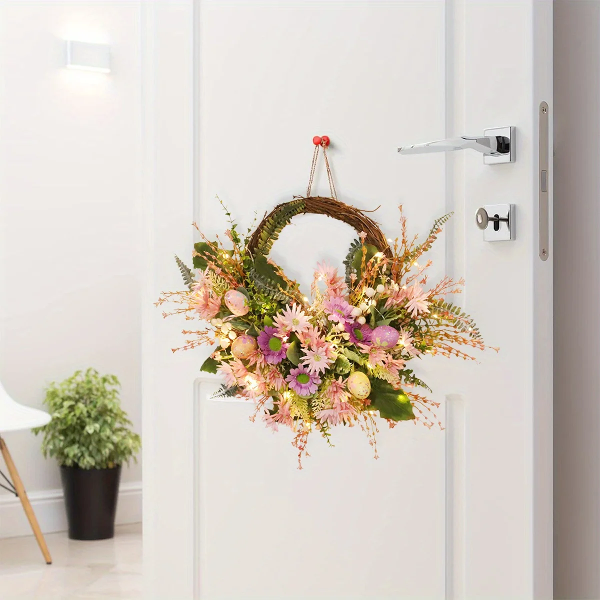 

Easter Wreath, 19.6in Faux Wild Flower Garland with Lights, Easter Twig Wreath, Creative Easter Hanging Decor Astetic