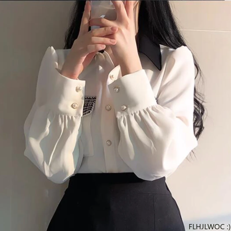 Women 2024 Cute Sweet Tops Pink Korean Japanese Style Design Pockets Long Sleeve Elegant Formal White Button Shirt 3520