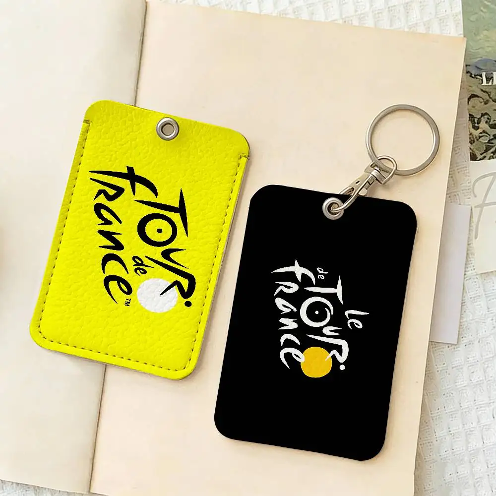 Tour De France Rectangle ID Card Case Keychain Access Card Bag Key Tag Ring Leather Card Holder Key Ring Access