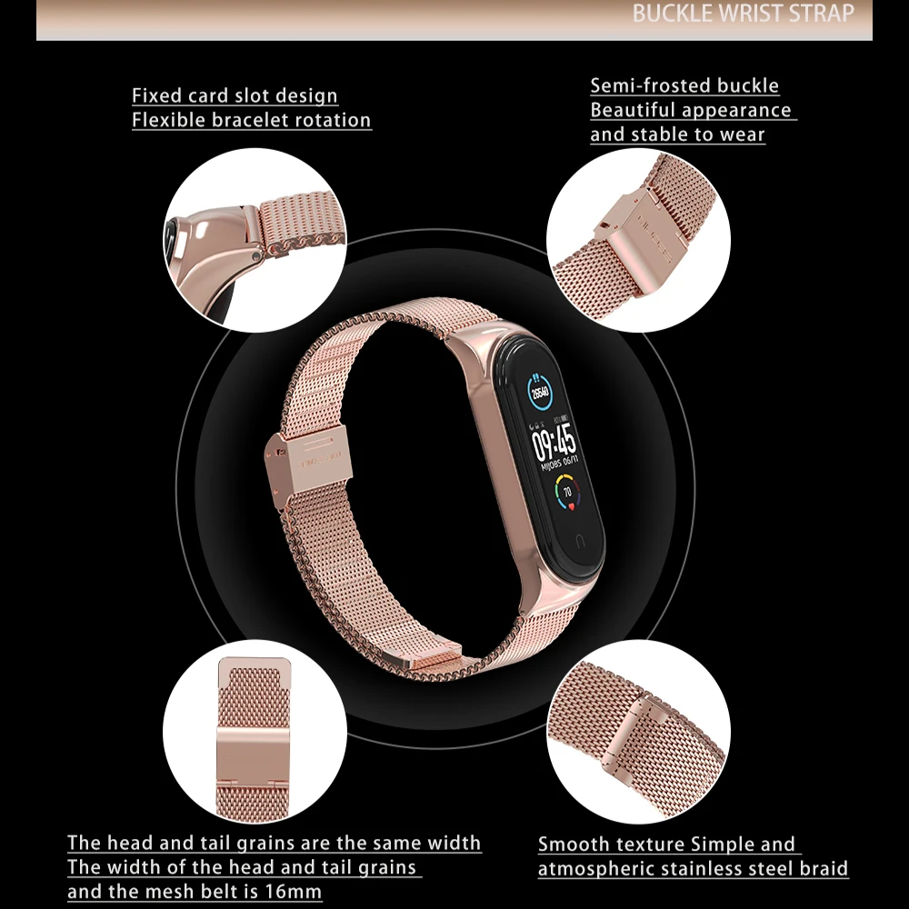 Stainless Steel Sports Strap For Xiaomi Mi Band 6 5 4 Smartwatch Bracelet Smart band Rose Gold For MIBand5 mi5 MI band5 Metal
