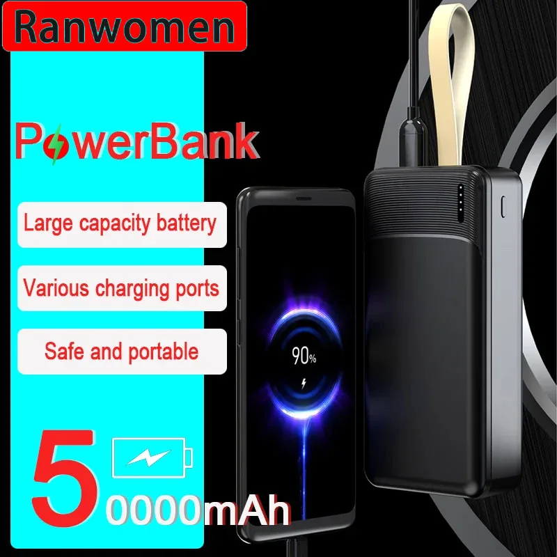 

Power Bank Fast Charge 50000mAh Battery USB-C Outputs Dual USB Long-Lasting Battery Leather Handle For Samsung Xiaomi iPhone