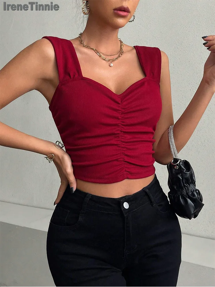 

IRENE TINNIE Sexy Short Sleeved Slim Fit T-shirt With Square Collar And Patchwork Backless Pleated Top For Women's Fashion