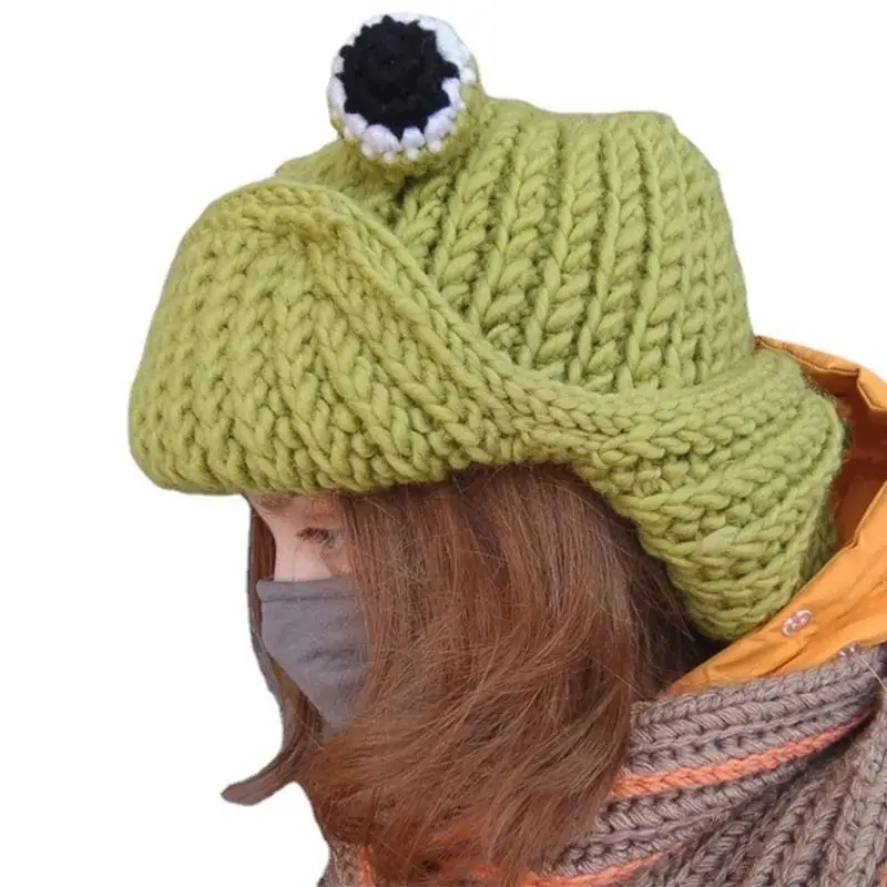 

Вязаная шапка-ушанка с лягушачьим глазом, шапка маленького дьявола, шапочка с большими глазами, вязаная шапка-бомбер, вязаная