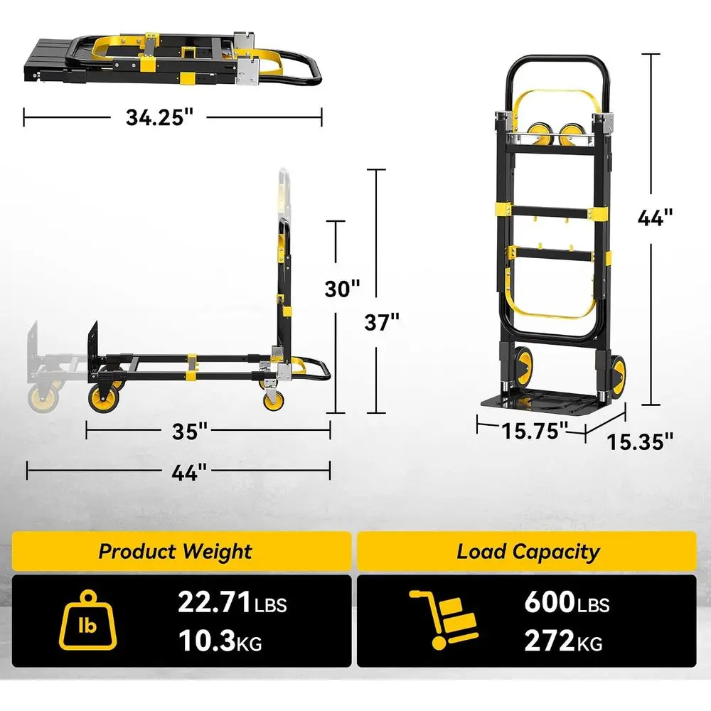 600LBS Capacity 3-in-1 Convertible Dolly Cart - Collapsible, Adjustable, Expandable for Warehouse and Office Use, Yellow