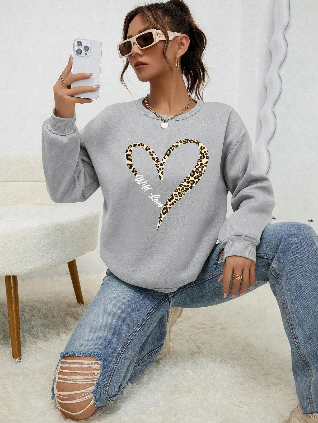 Leopard Wild Heart Pattern Print Female Sweatshirt Street Fur-Liner Hooded Hipster New Hoodies All-Match Crewneck Tracksuit