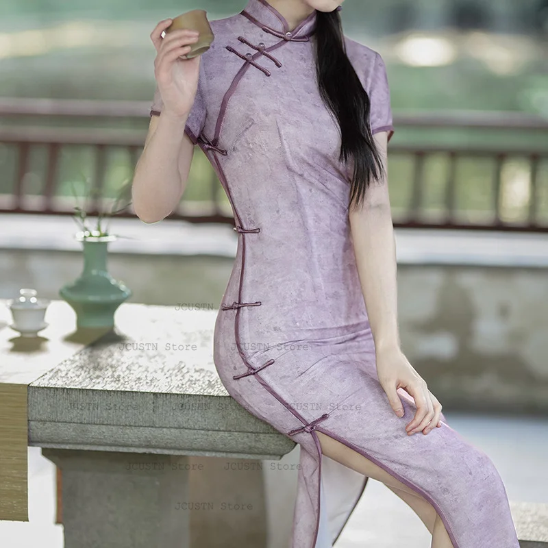 Improved Qipao Purple Print Cheongsam Sexy Chinese Princess Dress Long Vestidos Robe Gown Summer New Streetwear Plus Size 4Xl
