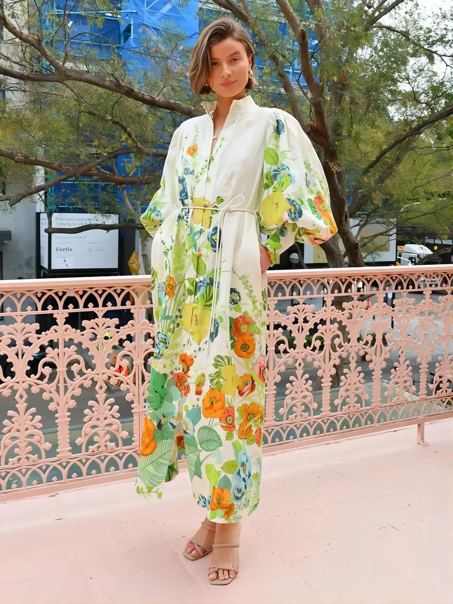 Trend Print Graffiti Lantern Sleeve Robe Women Lace Up Long Dresses Casuals Elegant Maxi Dress Split 2024 Fashion New Clothes