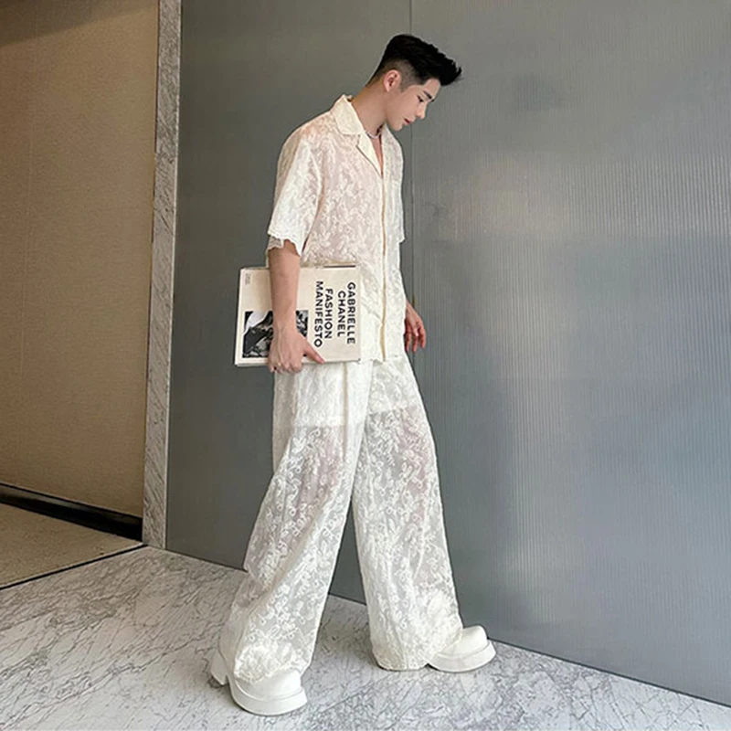 IEFB Male Two-piece Suit Embroidery Pocket Single Breasted Short Sleeve Thin Loose Pants Summer Trendy Turn-down Collar 9C5462