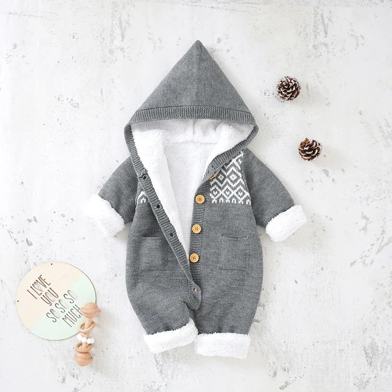 

Winter Baby Romper Long Sleeve Newborn Girl Boy Jumpsuit Outfit Knitted Infant Kid Clothing Fashion Hooded Onesie 0-18M Playsuit