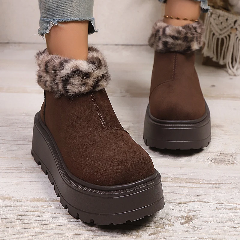 

Leopard Fur Thick Bottom Ankle Boots Women Back Zipper Short Plush Winter Boots Woman Faux Suede Chunky Platform Botas Mujer