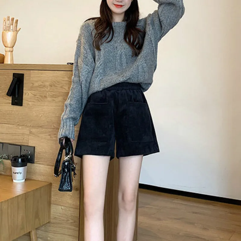 

Женские эластичные свободные вельветовые шорты с высокой талией, черная повседневная верхняя одежда, женские широкие брюки с карманами, универсальные Ulzzang Ins