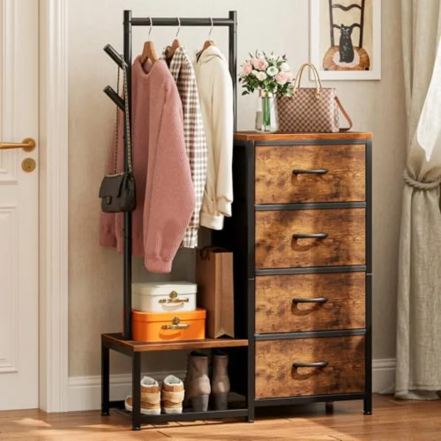 

Small Bedroom Dresser with Clothes Hanging Rack and Shoe Storage Reversible Design with 4 Fabric Drawers 3-in-1 Storage Chest F