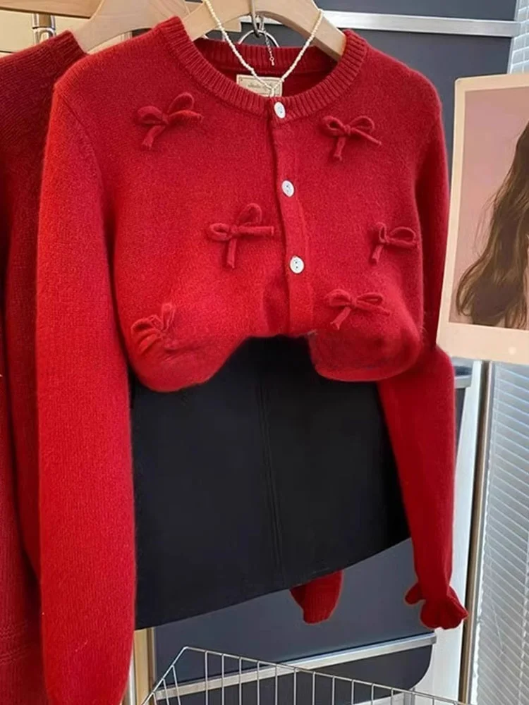 

Comfortable Soft Knitted Long Sve round Ne Open Cardigan Knot Single Button Red Outerwear for New Year