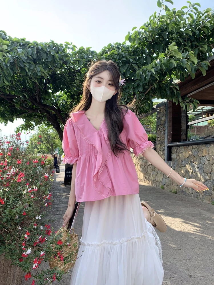 

Женская летняя блузка Gentle Wind с V-образным вырезом и рукавами-фонариками, модель 2026 года, с эффектом похудения, модный топ с коротким рукавом и застежкой на пуговицы