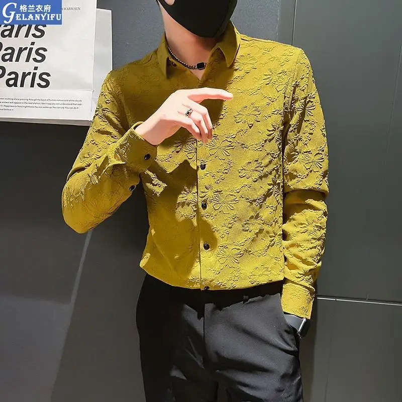 

2022 New Brand Casual Printed Luxury Long Sleeve Slim Fit Blouse Spring Autumn Social Streetwear Shirts Male Fashions Tops W196