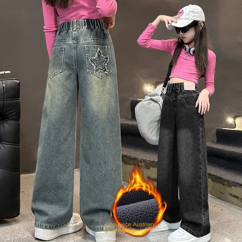 

Hot Sale Children Winter Insulated Jeans with Star Pocket for Teenage Kids Fashion Trousers Girls Warm and Thick Denim Pants