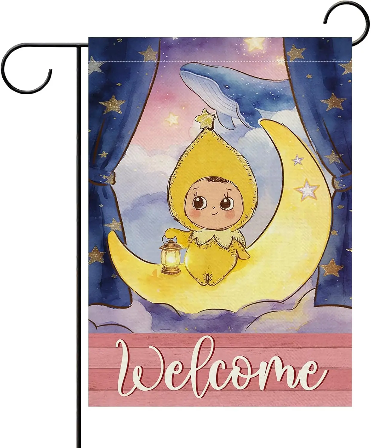 Cute Baby Welcome Decorative Garden Flag, Yellow Moon Stars Whale Kids Small Yard Lawn Outdoor Decor Gifts, Farmhouse Burlap MMZ