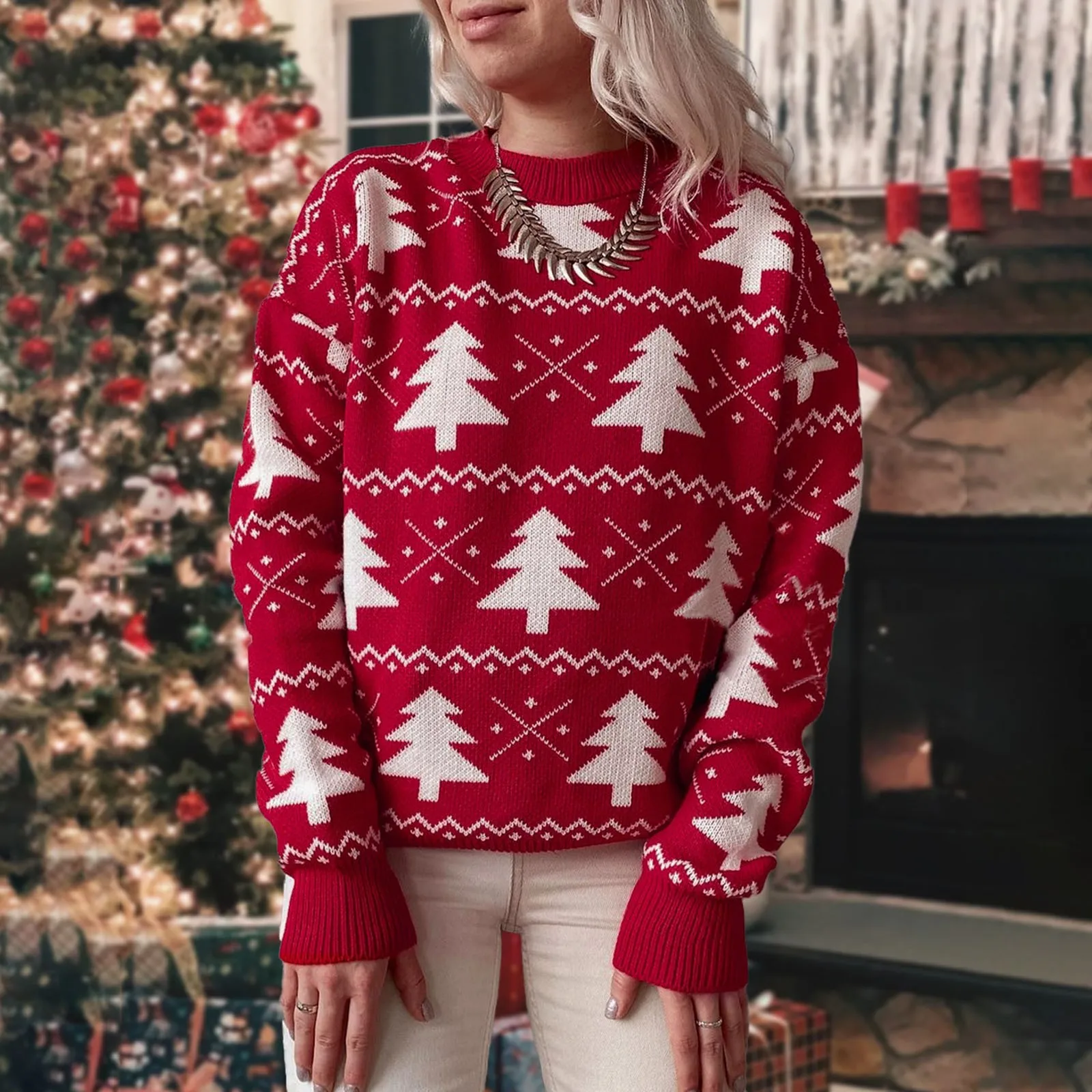 Xmas Look 2024 Women Christmas Sweater Print Jacquard Knitted Jumper Full Sleeve O Neck Warm Soft Pullover Tops Female Knitwear