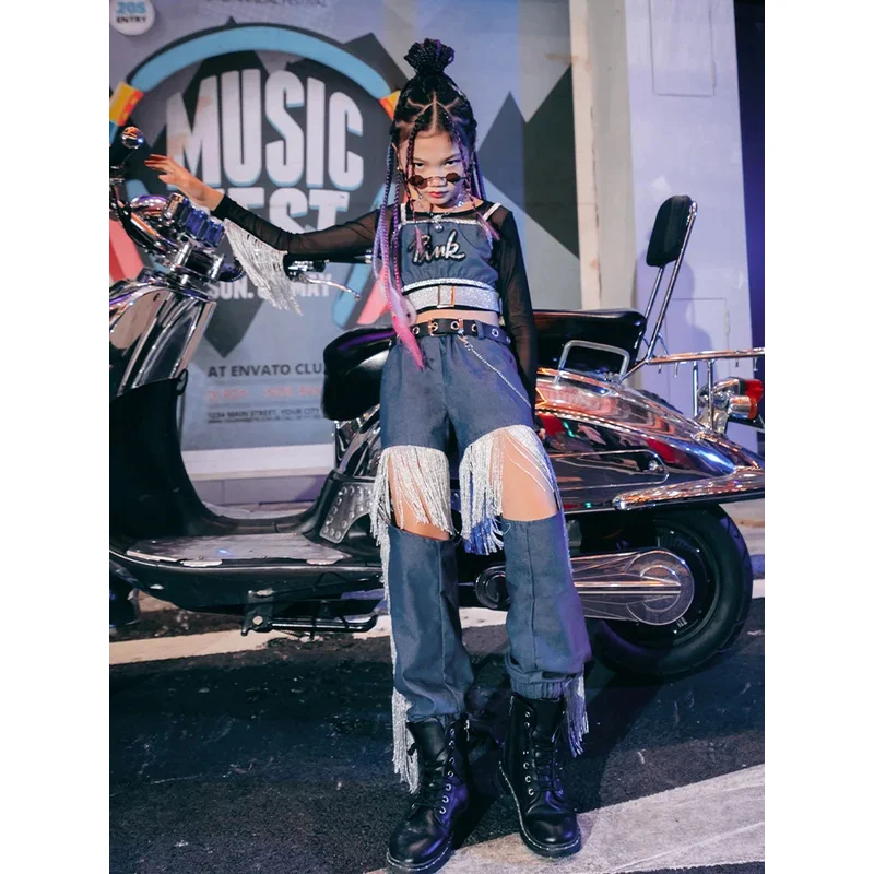 ZZL 子供ジャズダンスファッショナブルなスーツ K-POP ステージ衣装アーバンダンスガールコスチュームクールな服女の子ヒップホップの摩耗