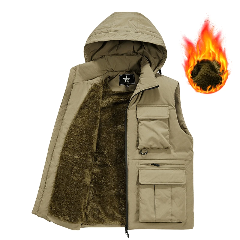 

Autumn Winter Vest Coat Mens Solid Thick Velvet Multi-Pocket High Quality Detachable Hat Vest New Outdoor Hooded Fishing Vest