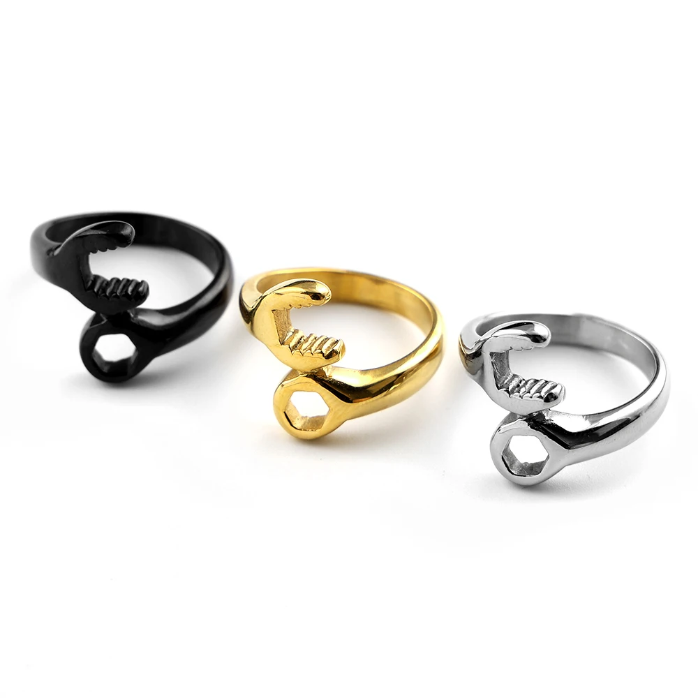 Schraubenschlüssel-förmiger Hohlring für Damen und Herren aus Edelstahl in Gold- oder Silberfarbe, Werkzeug-Fingerring, Biker-Schmuck, Geschenk