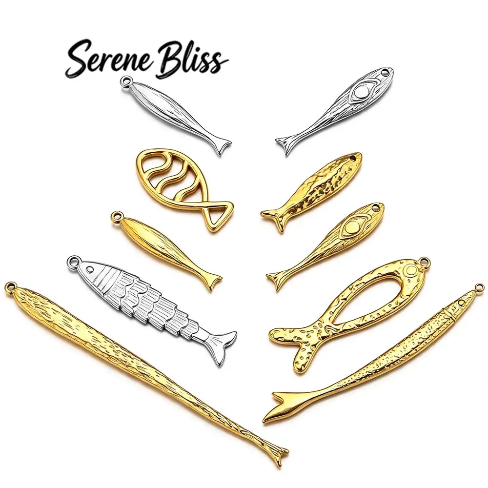 5Pcs Stainless Steel Sardine Fish Charms Ocean Long Fish Pendant 18K Gold DIY Earrings Necklace Jewelry Making Beach Accessories