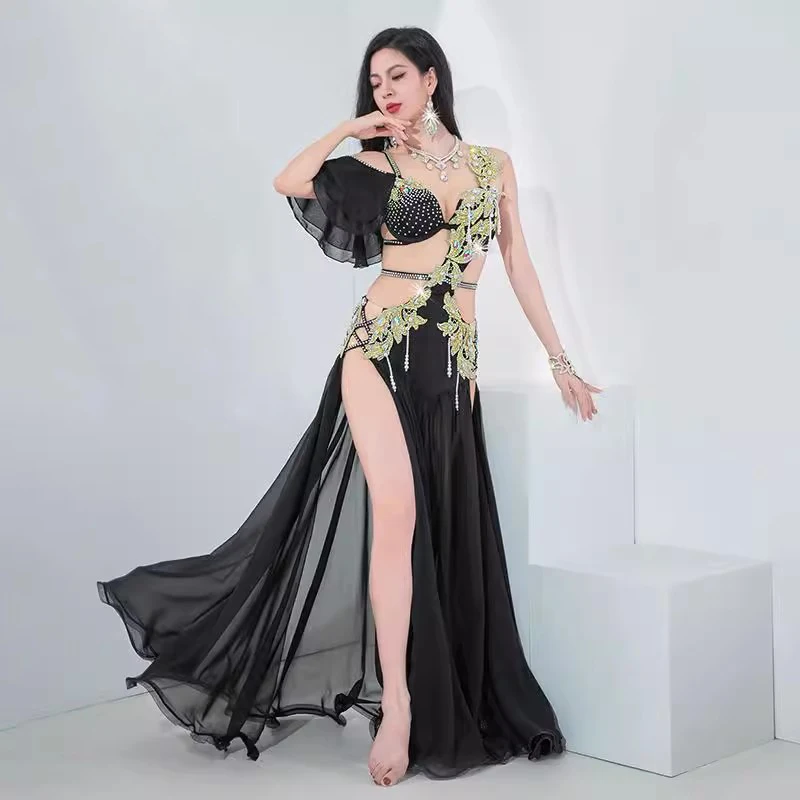 Costume di danza del ventre egiziana Danza orientale Reggiseno ricamato Set di spettacoli per concorsi di gruppo Abito popsong classico Gonna lunga in chiffon