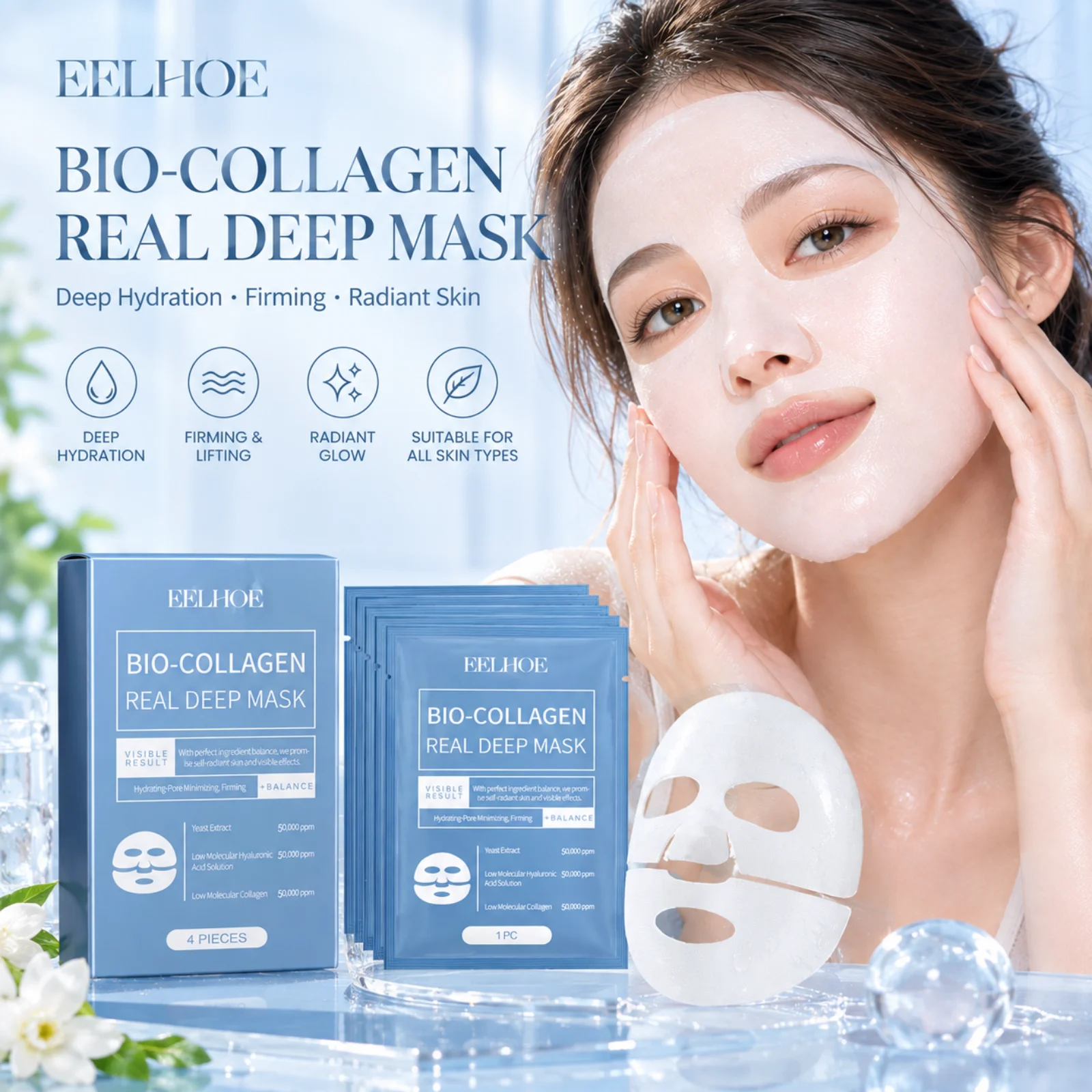 EELHOE Bio Collagen Face Mask for Deep Hydration Moisturizing Skin Barrier Repair Glow Facial Lifting Refreshing Face Skin Care