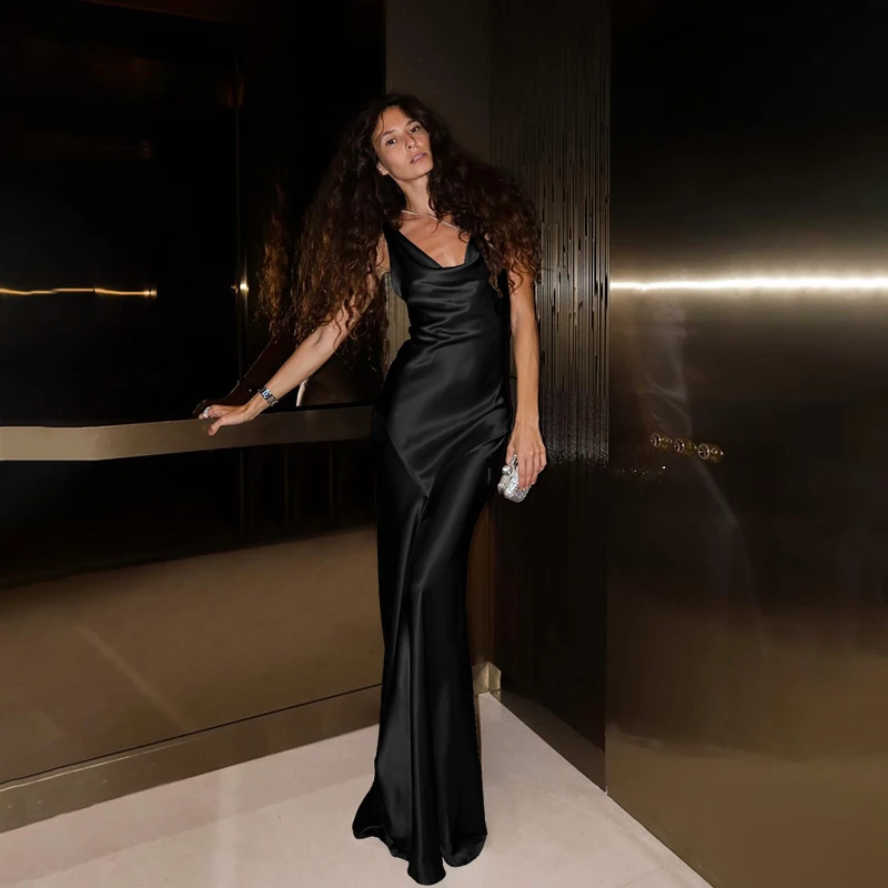 여성용 섹시한 스파게티 스트랩, 로우 컷 슬림핏 새틴 맥시 원피스, 민소매 야간 무도회 파티, 2025 용수철 여름 옷