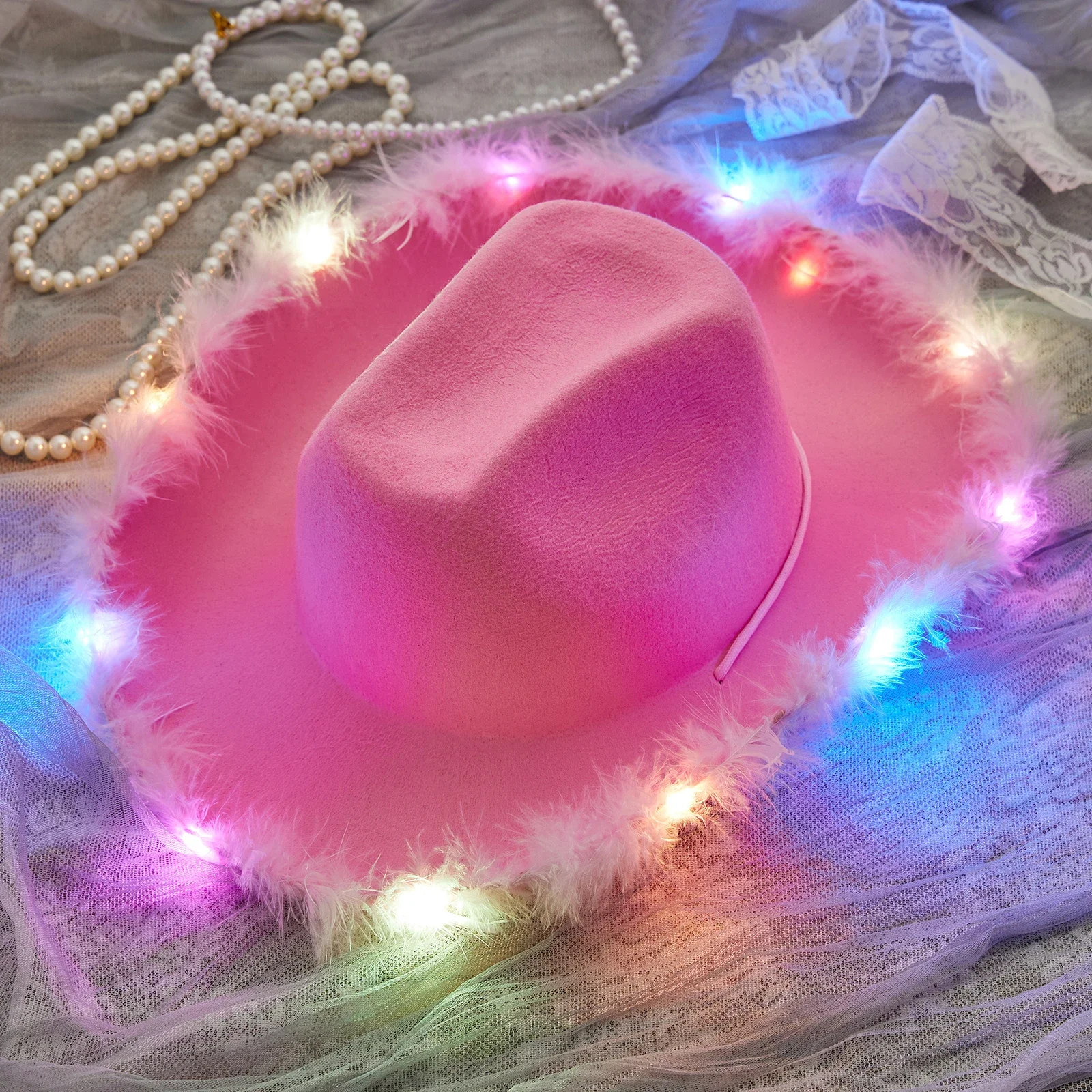 Combhasaki Feather Trim Cowboy Hats with Colorful LED Light Fun Club Party Disco Pink Cowgirl Hat for Women Men