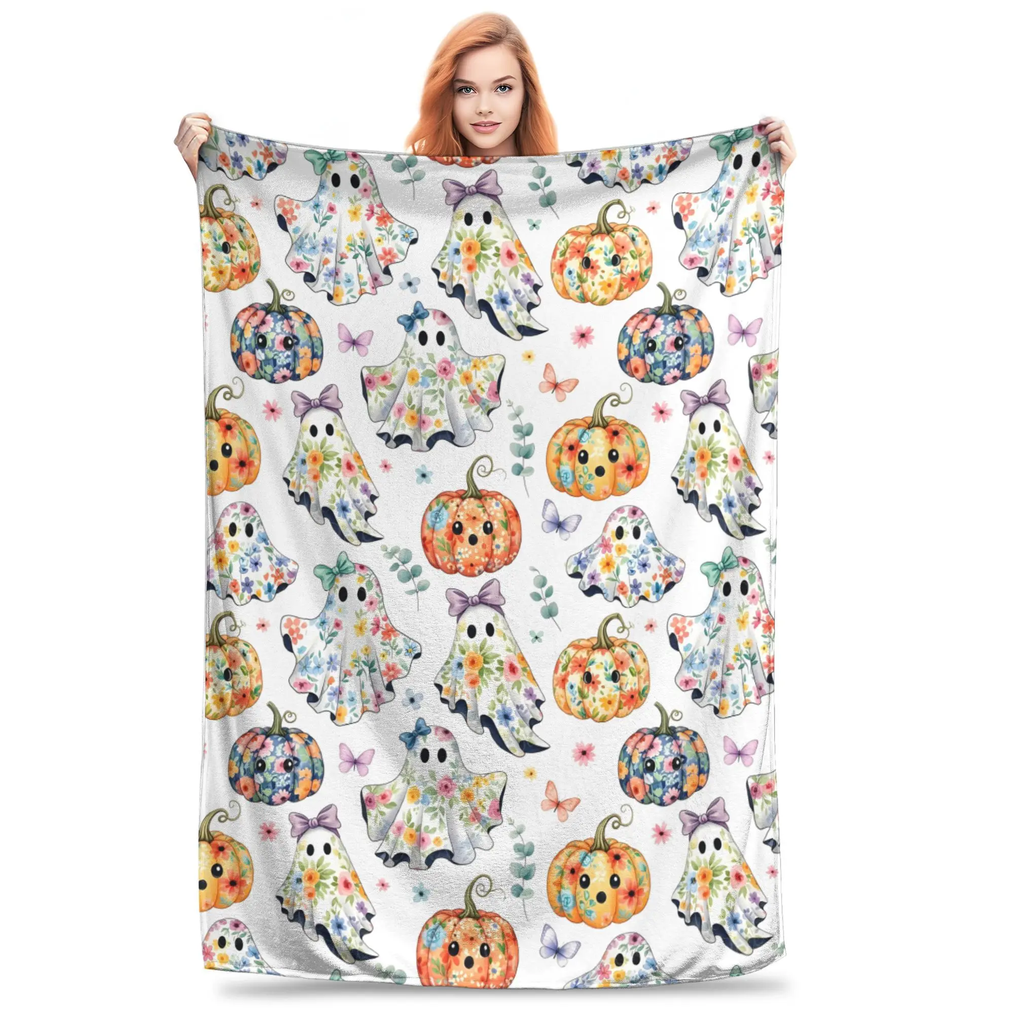 

Colorful Floral Ghosts Knitted Blankets Flannel Halloween Pumpkin Ultra-Soft Throw Blanket for Outdoor Travel Bedroom Quilt