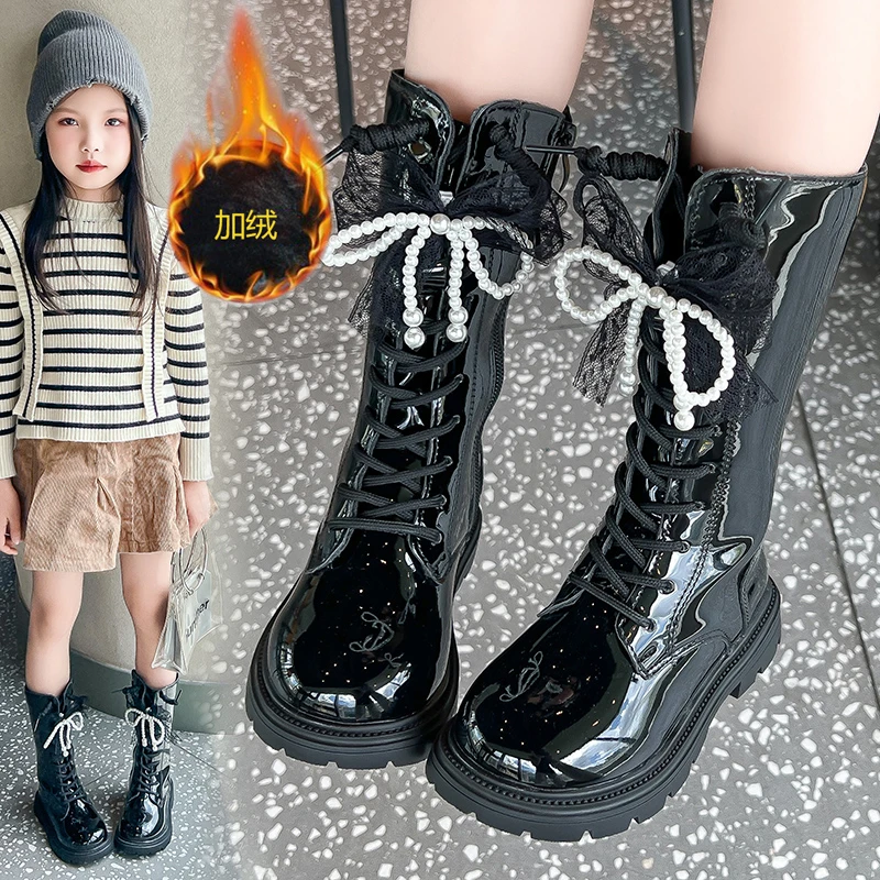 

Princess Style Mid-calf Boots for Girls 2025 New Autumn Kids Fleece Boots with Beaded Bow Soft Sole Christmas Party Boots Girl