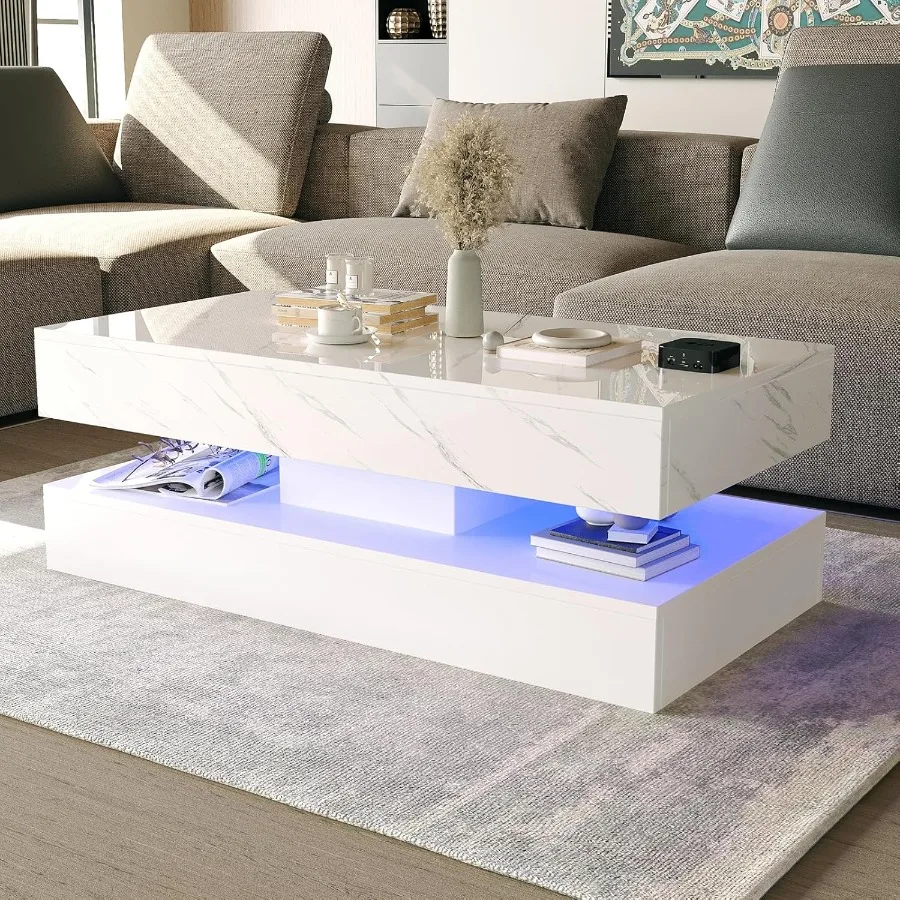 طاولة القهوة LED مع 2 أدراج تخزين طاولة القهوة البيضاء الحديثة شديدة اللمعان مع 20 لونًا أضواء LED 2 طبقات مستطيلة مركز Ta