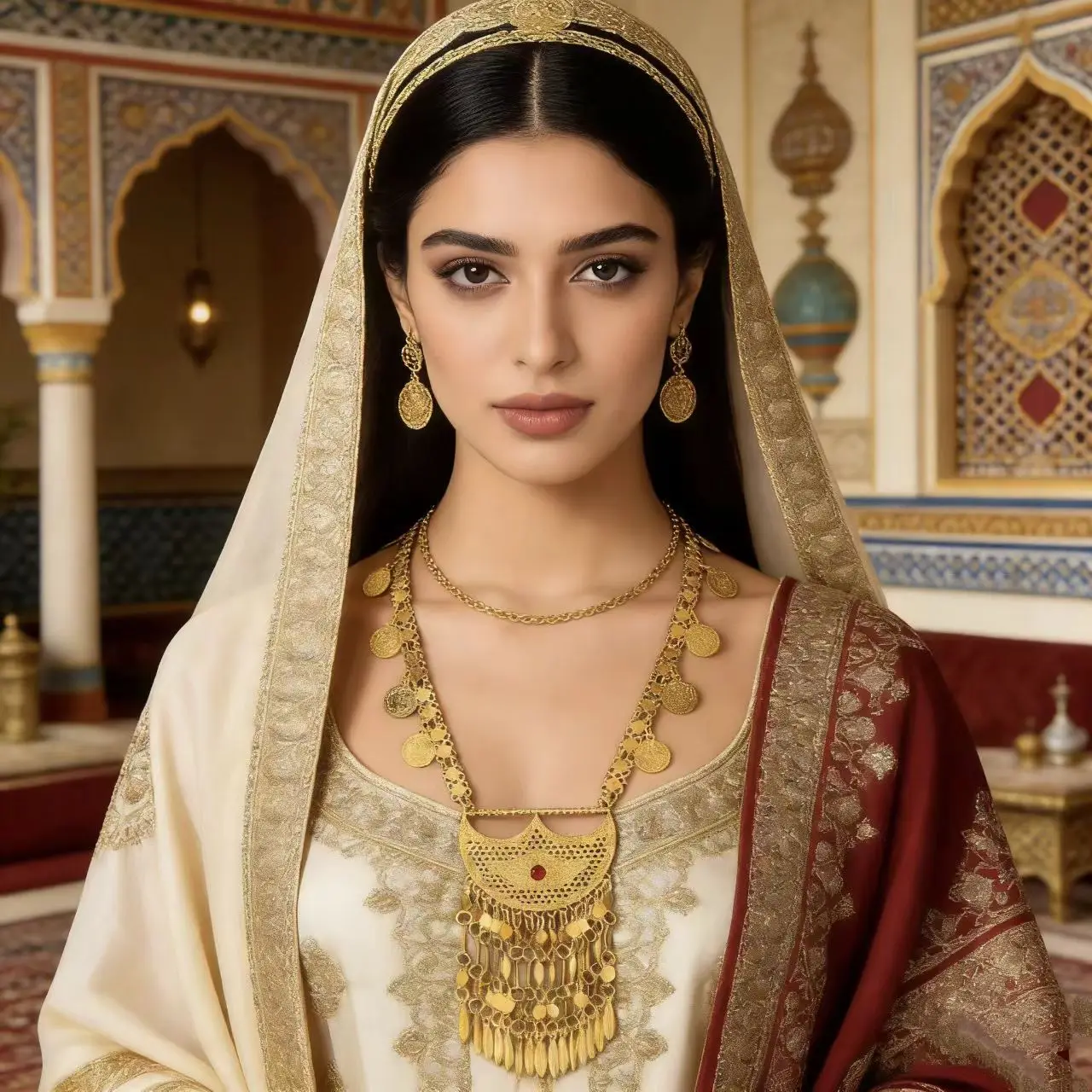 

Middle Eastern-style coin tassel pendant necklace, women's golden carved ethnic style neck chain, matching for banquet gowns