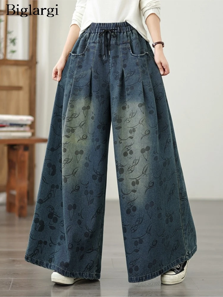 

Джинсы большого размера в стиле ретро, осенние широкие брюки с эластичной резинкой на талии, женские модные женские брюки с цветочным принтом, свободные женские брюки