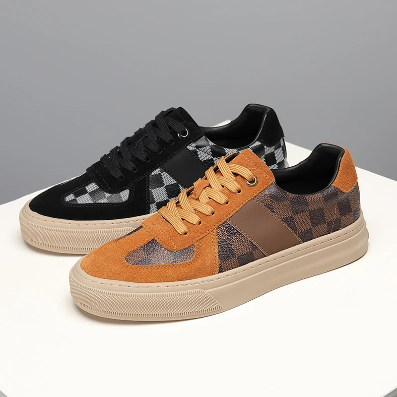 

High-quality Men's Casual Shoes with Checkerboard Patterns, Genuine Leather Shoes, Street Fashion, Comfort and Trendy Sneakers