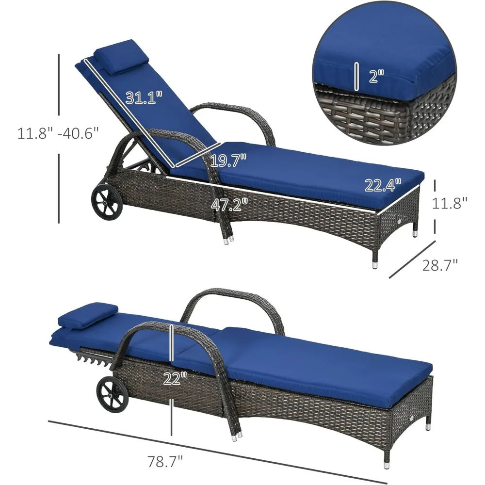 Wicker Outdoor Chaise Lounge, 5-Level Adjustable Backrest PE Rattan Pool Lounge Chair with Wheels, Cushion & Headrest